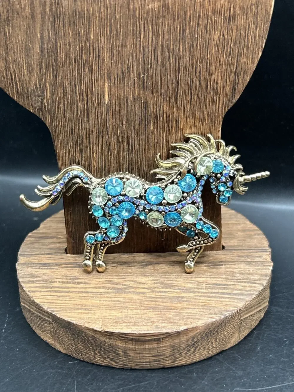 Big Modern Unicorn Pin Brooch Gold tone Blue Glass 3 1/2”